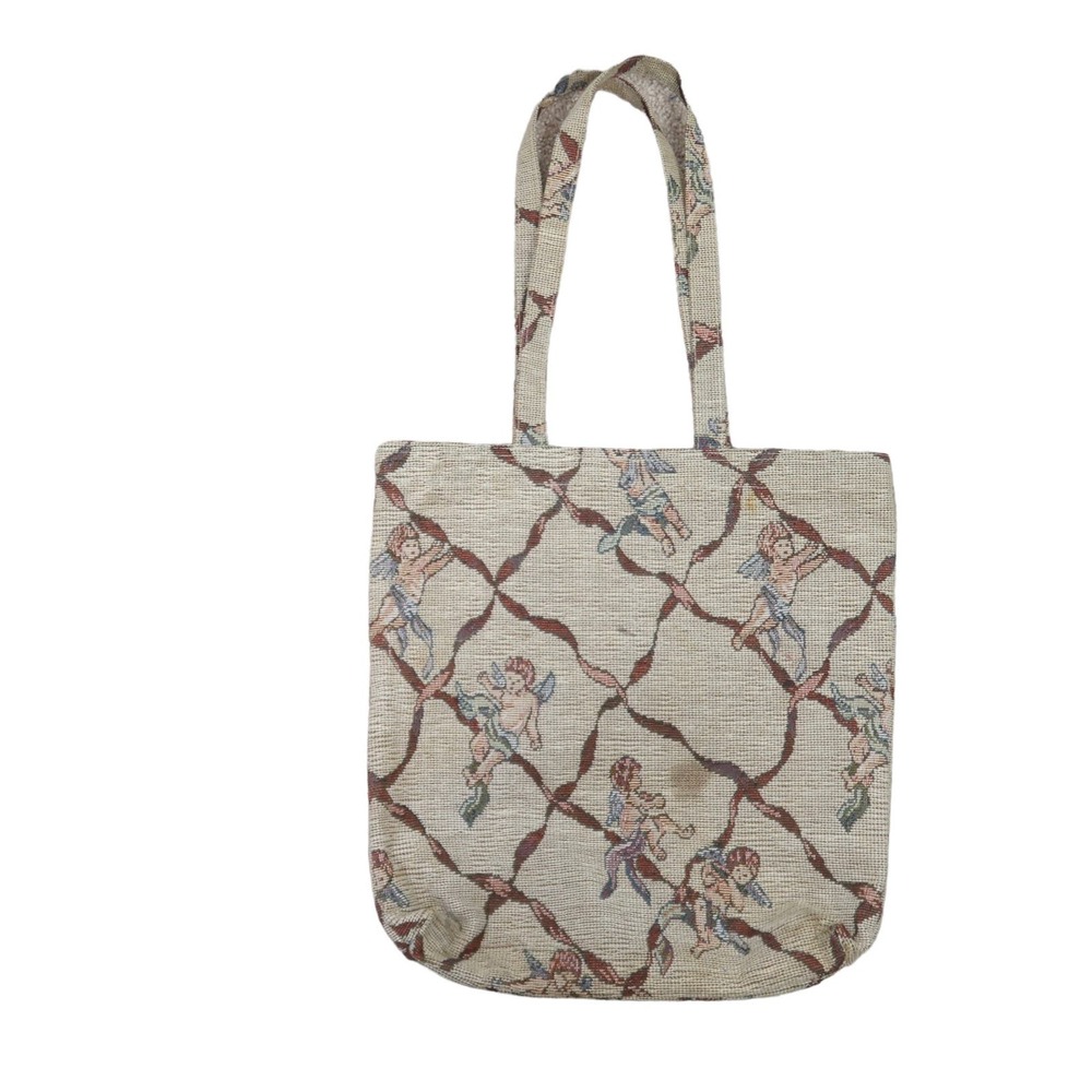 Vintage 90s tan cherub print tapestry tote bag purse - Picture 3 of 7